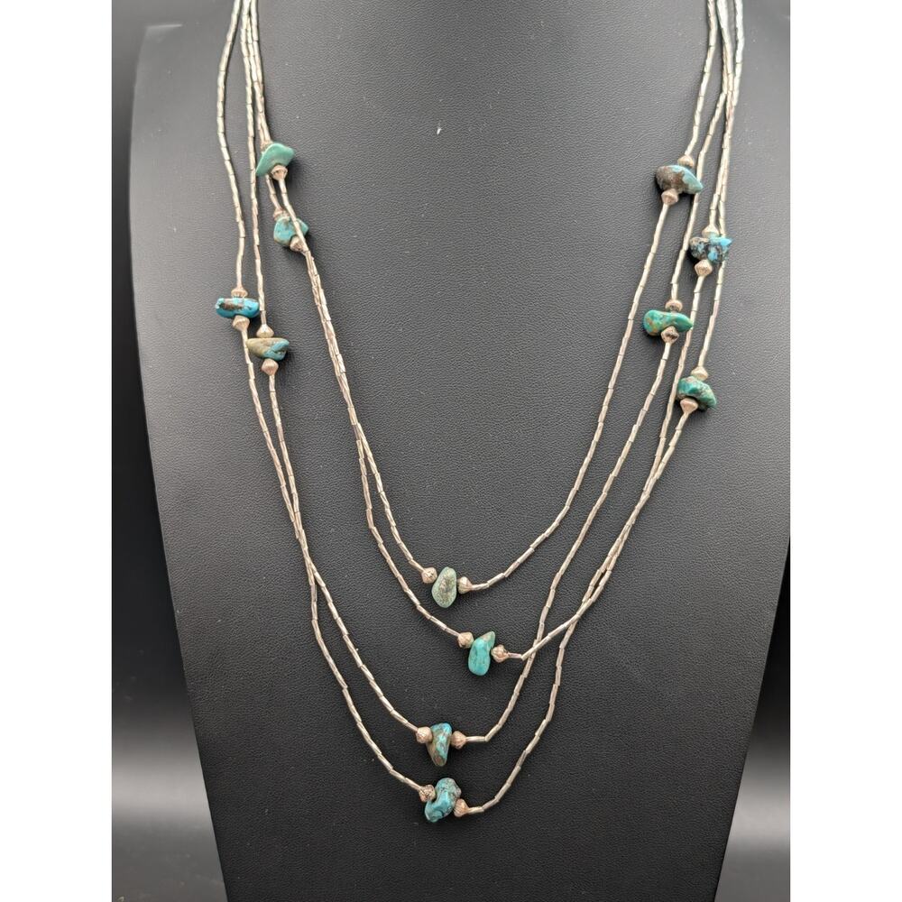 Vintage Southwestern 5 Strand Liquid Silver Turquoise Nugget Necklace 33g 30"